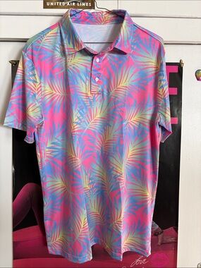 NWT Tropical Palms Sunday Swagger Men’s Polo Golf Shirt - Pink, Teal LARGE